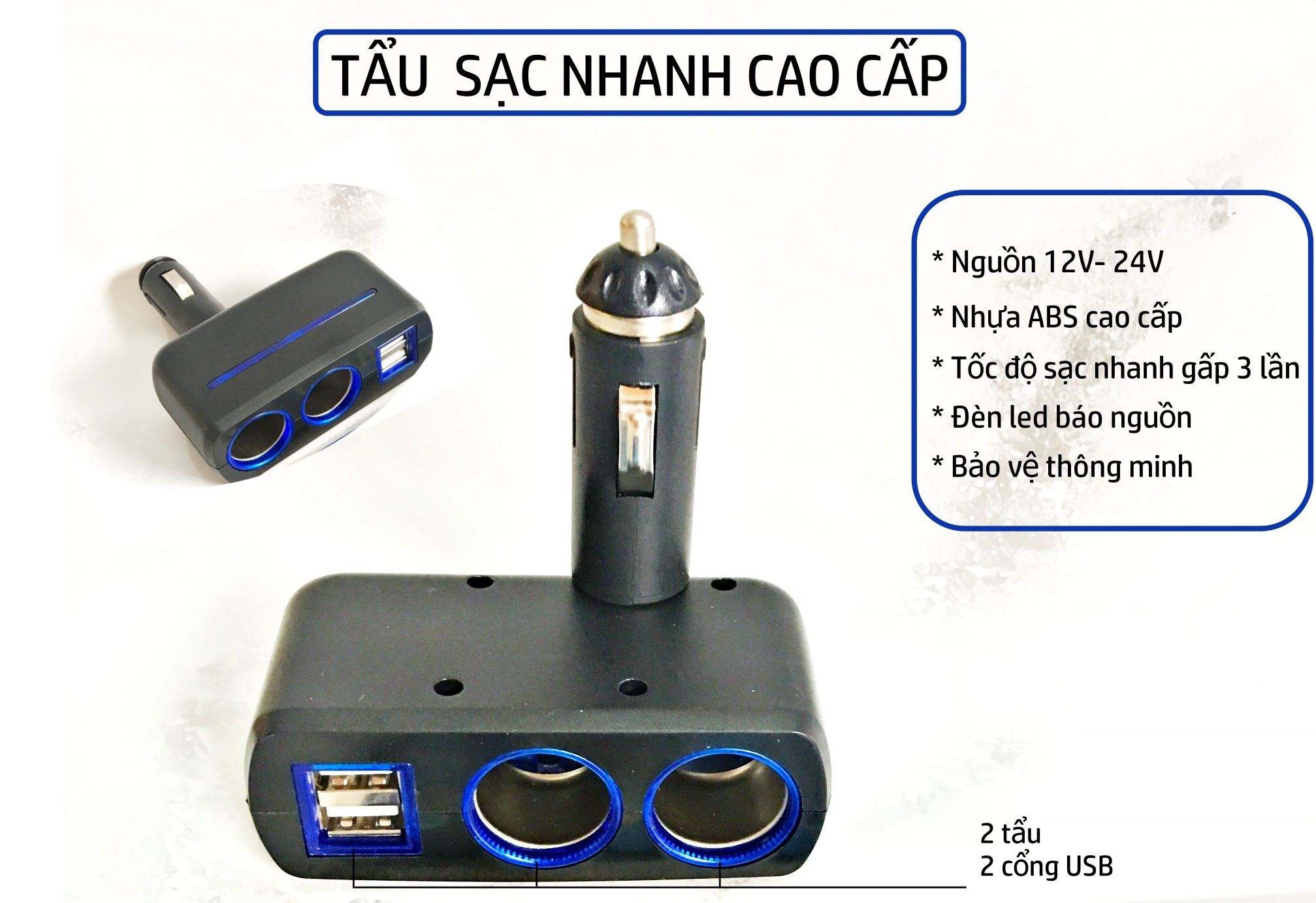 Tẩu Sạc Nhanh Ô tô- xe tải 2 tẩu và 2 cổng USB, đầu vào 12V -24 V Tẩu Sạc Nhanh Ô tô- xe tải 2 tẩu và 2 cổng USB, đầu vào 12V -24 V